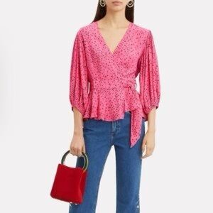 Ganni Barra Crepe Wrap Top in Hot Pink/Black Ditsy Floral